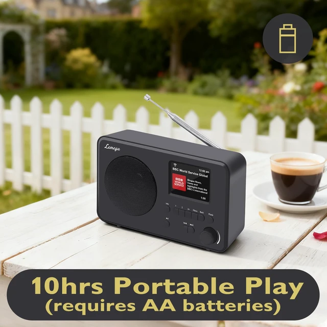 Alt view image 5 of 6 - IR1S Internet Radio, Podcasts, Bluetooth, FM, Black Alarm clock, full colour display, mains or AA battery, compact kitchen radio, snooze, sleep timer, 150 unified presets