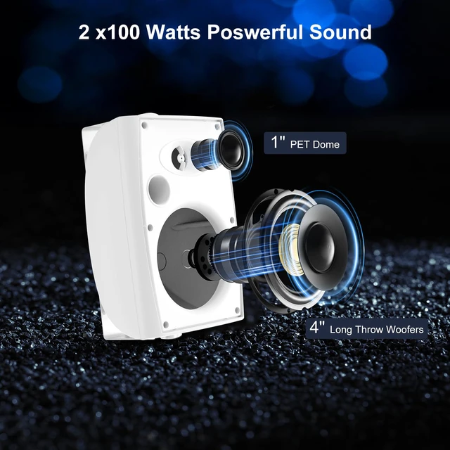 Alt view image 2 of 7 - 4" Passive Outdoor Speakers Waterproof Wired, 200W Wall Mount Speakers with Superior Sound,Dual Swivel Brackets for Patio/Deck/Backyard (Pair, White)