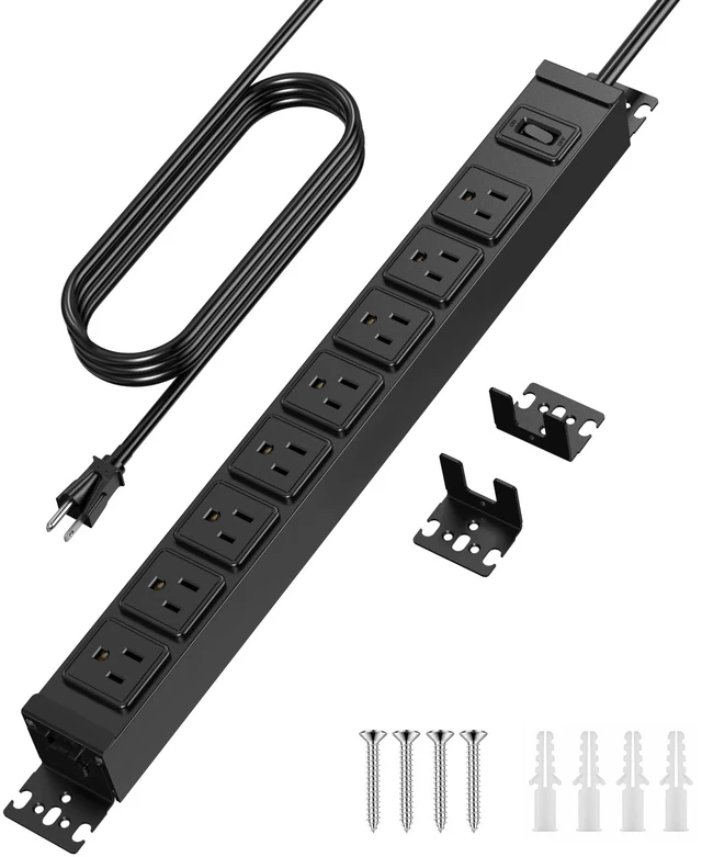 Main image of Metal 360° Rotating 8 Outlet Mountable Power Strip, 15FT, Black, 2 8 Outlet Surge Protector Power Strip, Heavy Duty Wall Mount Surge Protector with Switch, 1200J, 15A 125V 1875W