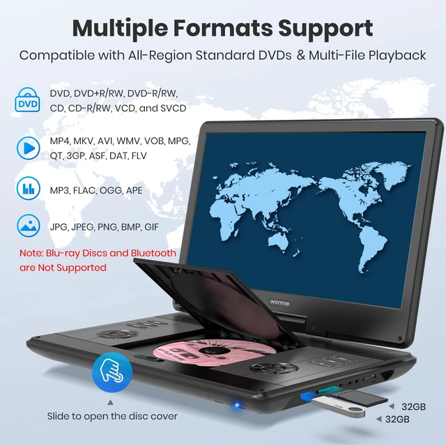 Alt view image 3 of 7 - 16.5" Portable DVD Player with 14.1" Large HD Swivel Screen, 6 Hours Rechargeable Battery, DVD Player Portable Support MP4, MKV Video & USB/SD Card/Sync TV, High Volume Speaker, All Regions
