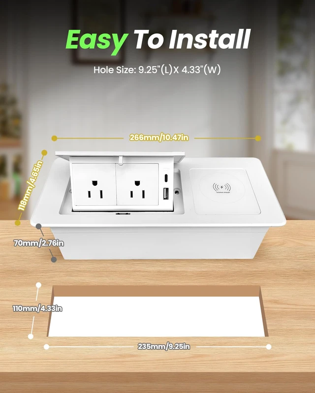 Alt view image 5 of 7 - Conference Table Power Hub 15W Wireless Charger PD20W Type-C, White USB A + USB C Fast Charging, 2AC Outlets, Pop up Outlet, 6ft Cord, for Kitchen Countertop Conference Room