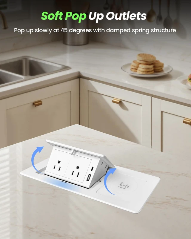 Alt view image 6 of 7 - Conference Table Power Hub 15W Wireless Charger PD20W Type-C, White USB A + USB C Fast Charging, 2AC Outlets, Pop up Outlet, 6ft Cord, for Kitchen Countertop Conference Room