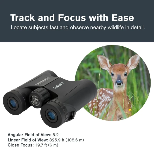 Alt view image 6 of 7 - Outland X 10x25 Compact Binoculars for Hiking & Travel Pocket-Sized Performance Binocular, 10x Magnification, Rubber-Armored Body, Waterproof, BaK-4 Prisms, Multi-Coated Optics