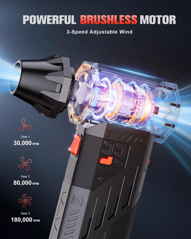 Alt view image 2 of 7 - F5S Compressed Air Duster, 180000RPM Super Power, 3-Speed Adjustable 4 Nozzles, Deep Cleaning for PC, Keyboard, Car&Home, Rechargeable Electric Handheld Blower Replaces Canned Air