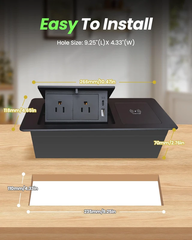 Alt view image 5 of 7 - Conference Table Power Hub 15W Wireless Charger PD20W Type-C, Black USB A+ USB C Fast Charging, 2AC Outlets, Pop up Outlet, 6ft Cord, for Kitchen Countertop Conference Room