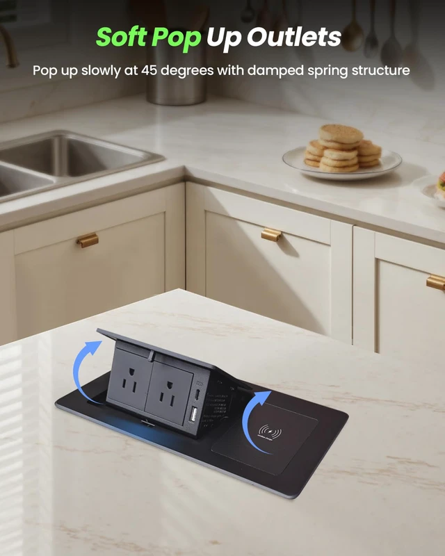 Alt view image 6 of 7 - Conference Table Power Hub 15W Wireless Charger PD20W Type-C, Black USB A+ USB C Fast Charging, 2AC Outlets, Pop up Outlet, 6ft Cord, for Kitchen Countertop Conference Room