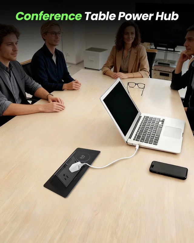 Alt view image 7 of 7 - Conference Table Power Hub 15W Wireless Charger PD20W Type-C, Black USB A+ USB C Fast Charging, 2AC Outlets, Pop up Outlet, 6ft Cord, for Kitchen Countertop Conference Room