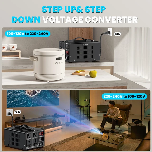 Alt view image 6 of 7 - 1000W Voltage Converter Transformer(110V to 220V or 220V to 110V) Step Up/Down Converter 110/120 Volt - 220/240 Volt w/US Power Cord,Circuit Breaker Protection, LCD Screen Display