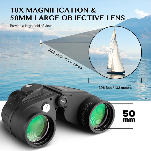 Alt view image 2 of 7 - 10x50 Waterproof Marine Binoculars for Adults with Rangefinder Compass BAK4 Prism FMC Lens for Birdwatching Hunting Boating Fishing Water Sports(Black)