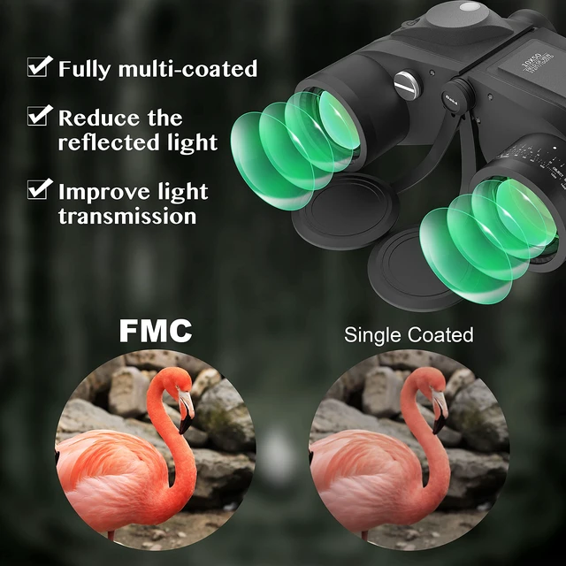 Alt view image 3 of 7 - 10x50 Waterproof Marine Binoculars for Adults with Rangefinder Compass BAK4 Prism FMC Lens for Birdwatching Hunting Boating Fishing Water Sports(Black)