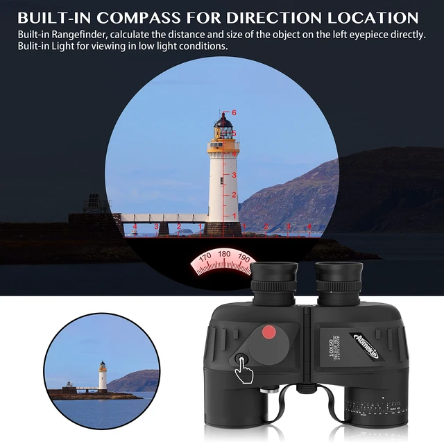 Alt view image 5 of 7 - 10x50 Waterproof Marine Binoculars for Adults with Rangefinder Compass BAK4 Prism FMC Lens for Birdwatching Hunting Boating Fishing Water Sports(Black)