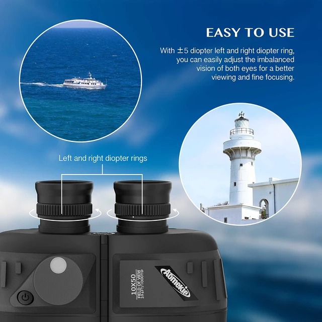 Alt view image 7 of 7 - 10x50 Waterproof Marine Binoculars for Adults with Rangefinder Compass BAK4 Prism FMC Lens for Birdwatching Hunting Boating Fishing Water Sports(Black)