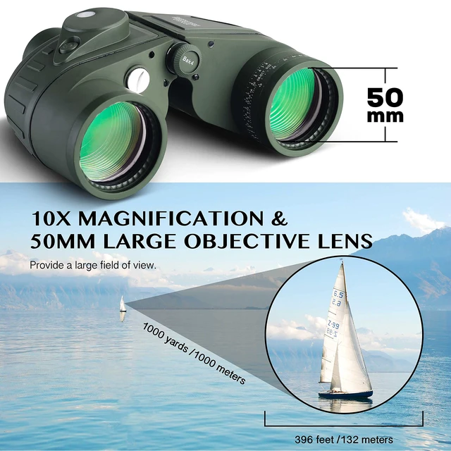 Alt view image 2 of 7 - 10x50 Waterproof Marine Binoculars for Adults with Rangefinder Compass BAK4 Prism FMC Lens for Birdwatching Hunting Boating Fishing Water Sports(Green)