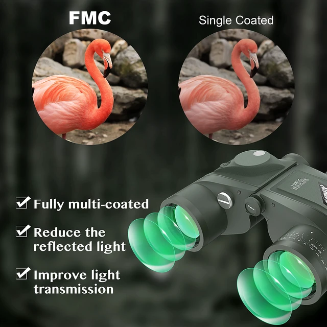 Alt view image 3 of 7 - 10x50 Waterproof Marine Binoculars for Adults with Rangefinder Compass BAK4 Prism FMC Lens for Birdwatching Hunting Boating Fishing Water Sports(Green)