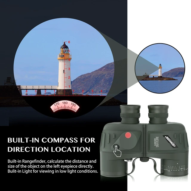 Alt view image 5 of 7 - 10x50 Waterproof Marine Binoculars for Adults with Rangefinder Compass BAK4 Prism FMC Lens for Birdwatching Hunting Boating Fishing Water Sports(Green)
