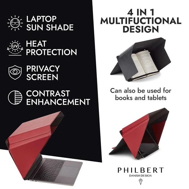 Alt view image 2 of 7 - 4-in-1 Laptop Screen Shade Original Lux Hood Sun, Privacy, Heat & Contrast Protection, Freestanding with Pocket, Fits 1516 MacBook & PC, Patented, Red