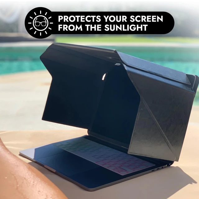 Alt view image 5 of 7 - 4-in-1 Laptop Screen Shade Original Lux Hood Sun, Privacy, Heat & Contrast Protection, Freestanding with Pocket, Fits 1516 MacBook & PC, Patented, Red