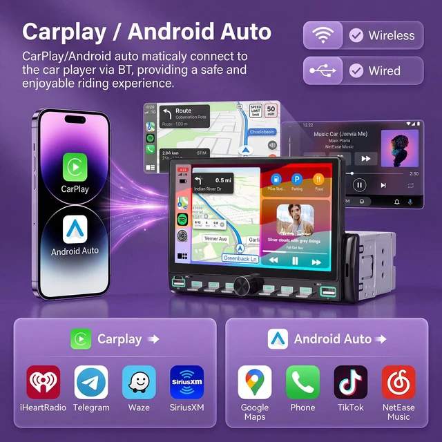 Alt view image 2 of 7 - Single Din Car Stereo with Wireless A-pple Carplay Android Auto You-Tube, 7" IPS Touch Screen Car Radio 1 Din with Piano Keys Support Backup Camera Mirror Link Bluetooth FM USB EQ SWC