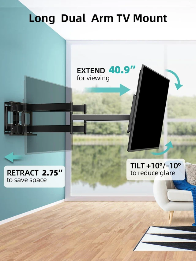 Alt view image 2 of 7 - Long Arm Heavy Duty Full Motion TV Wall Mount for 4295 TVs 40.9extension, Hold 179 Lbs, Pre-Assembled With 6 Articulating Arms, swivel&tilt, fits 16/18studs, Max Vesa 800x400mm