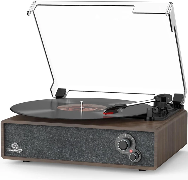 Main image of ® Retro Vinyl Record Player with Stereo Speakers,Walnut Brown Patented Design,Wooden Vintage Turntable,Tone Adjustment,LP Phonograph,Belt Drive,3 Speed,BT Wireless Input,Auto Stop,RCA
