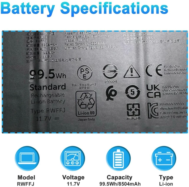 Alt view image 2 of 7 - RWFFJ Laptop Battery for Dell XPS 16 9640 2024 Series for Dell XPS 16 9640-7097SLV-PUS D1948TS D1848TS D1968TS Series 0WPGCC WPGCC J8FK9 0J8FK9 451-BDGK 11.7V 99.5Wh 8504mAh