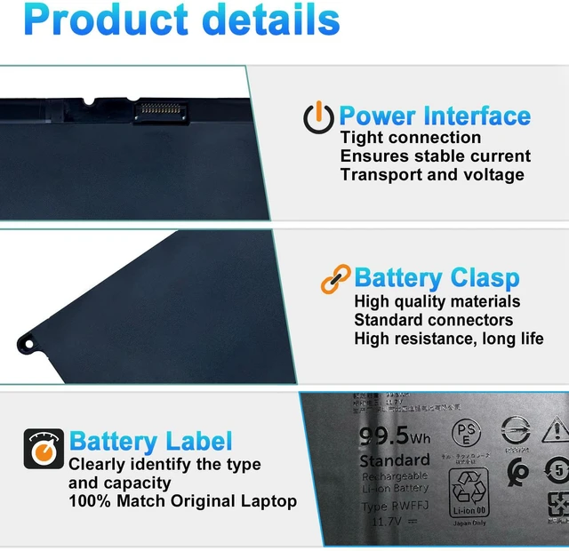 Alt view image 3 of 7 - RWFFJ Laptop Battery for Dell XPS 16 9640 2024 Series for Dell XPS 16 9640-7097SLV-PUS D1948TS D1848TS D1968TS Series 0WPGCC WPGCC J8FK9 0J8FK9 451-BDGK 11.7V 99.5Wh 8504mAh