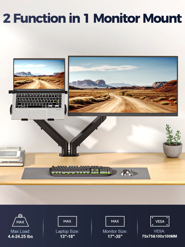 Alt view image 2 of 7 - Monitor Laptop Mount Stand, 2 in 1 Function Dual Monitor Arms Desk Mount for 13"-18" Notebook and 17"-32" Monitor with Laptop Tray,Holds up to 22lbs