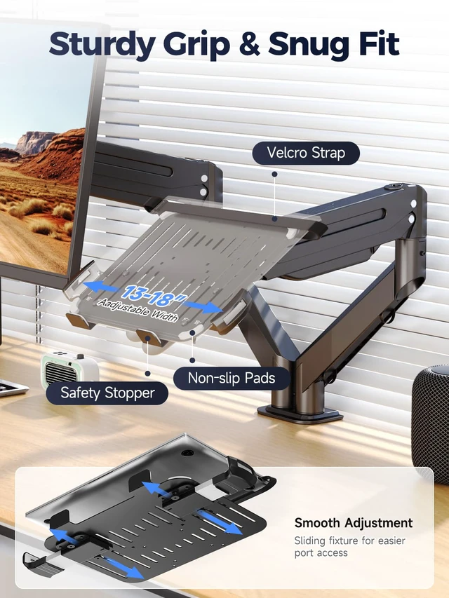Alt view image 3 of 7 - Monitor Laptop Mount Stand, 2 in 1 Function Dual Monitor Arms Desk Mount for 13"-18" Notebook and 17"-32" Monitor with Laptop Tray,Holds up to 22lbs