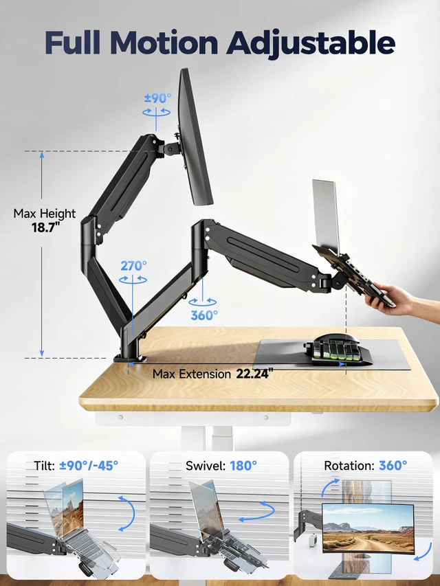 Alt view image 4 of 7 - Monitor Laptop Mount Stand, 2 in 1 Function Dual Monitor Arms Desk Mount for 13"-18" Notebook and 17"-32" Monitor with Laptop Tray,Holds up to 22lbs