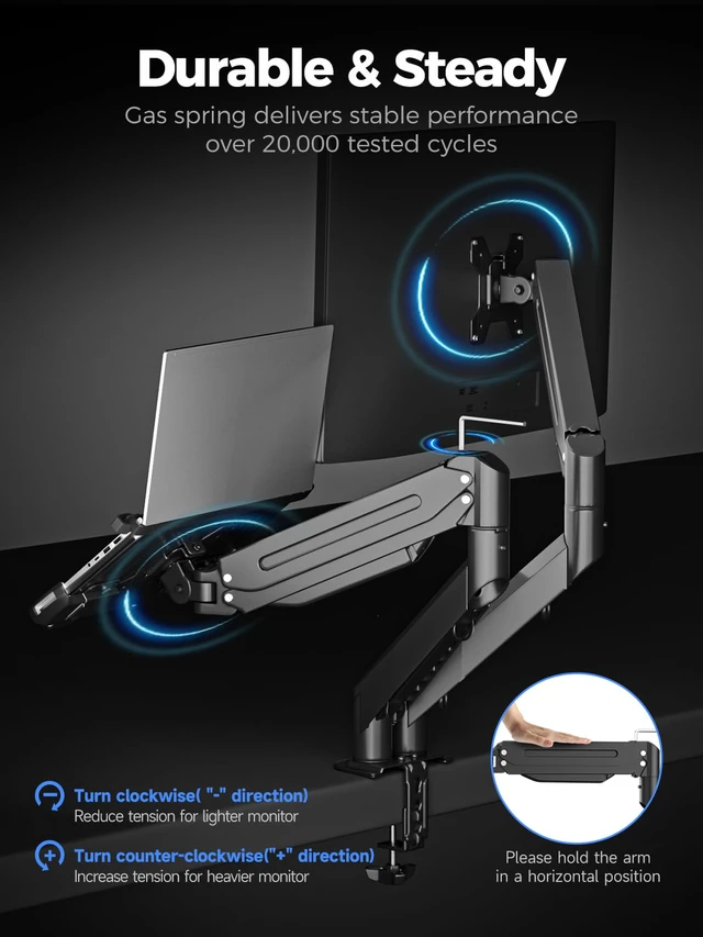 Alt view image 5 of 7 - Monitor Laptop Mount Stand, 2 in 1 Function Dual Monitor Arms Desk Mount for 13"-18" Notebook and 17"-32" Monitor with Laptop Tray,Holds up to 22lbs