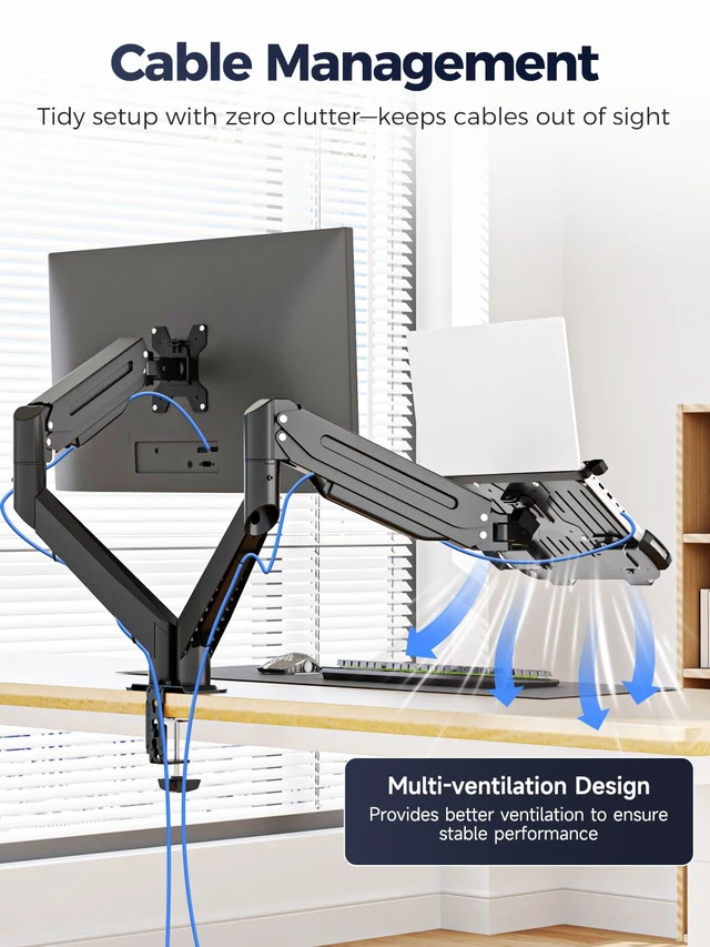 Alt view image 6 of 7 - Monitor Laptop Mount Stand, 2 in 1 Function Dual Monitor Arms Desk Mount for 13"-18" Notebook and 17"-32" Monitor with Laptop Tray,Holds up to 22lbs