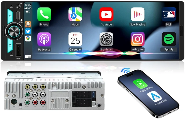 Main image of Wireless Single Din CarPlay Stereo: 6.5" Android Auto Touchscreen Car Radio Incell Display 300W 4.2 CHN 2 Subwoofer Outputs Bluetooth USB Type-C Fast Charge SWC
