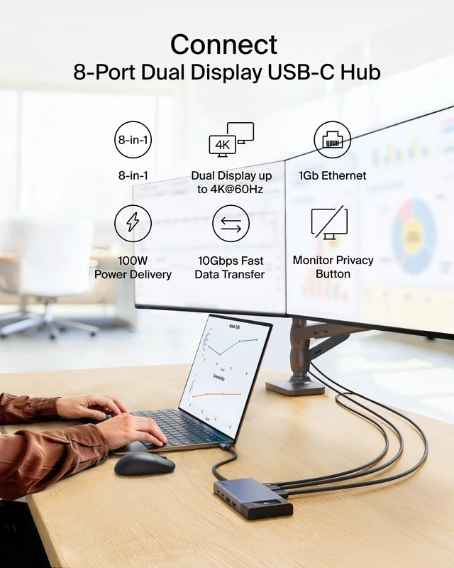 Alt view image 2 of 7 - USB-C Hub 8 in 1 100W Dual Display for Windows 4K@60Hz resolution, ethernet port, mirrored display support for macOS, compatible with Chromebook, travel-friendly