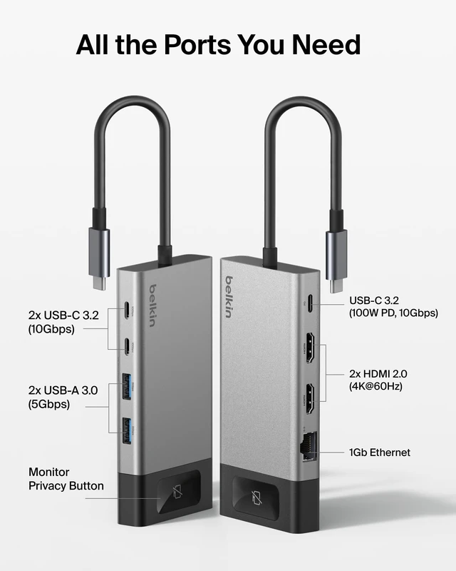 Alt view image 3 of 7 - USB-C Hub 8 in 1 100W Dual Display for Windows 4K@60Hz resolution, ethernet port, mirrored display support for macOS, compatible with Chromebook, travel-friendly
