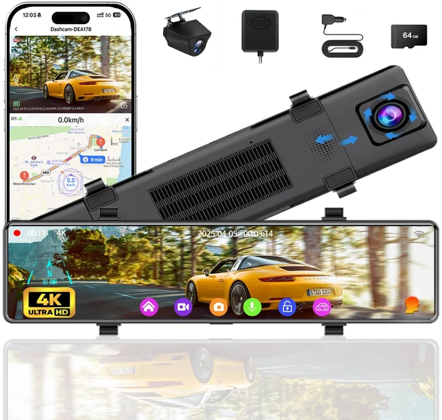 Main image of 12" Mirror Dash Cam Front and Rear, 4K Dual Dashcam for Cars with Voice Control, WiFi ADAS&BSD&LCA, GPS, Reverse Assist, G-Sensor, 24 Parking Monitor, Free 64GB Card