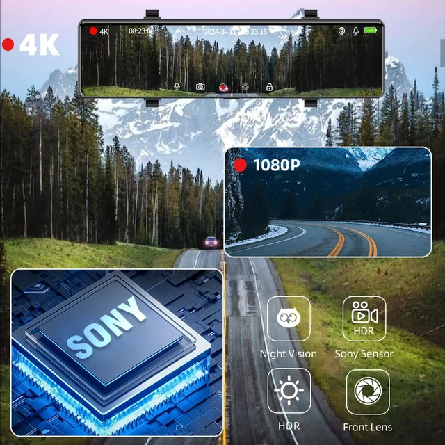 Alt view image 5 of 7 - 12" Mirror Dash Cam Front and Rear, 4K Dual Dashcam for Cars with Voice Control, WiFi ADAS&BSD&LCA, GPS, Reverse Assist, G-Sensor, 24 Parking Monitor, Free 64GB Card