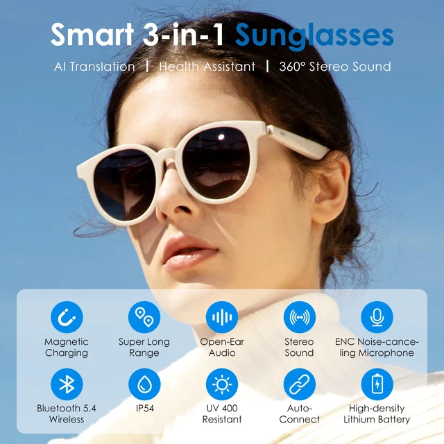 Alt view image 2 of 7 - AI Glasses for Men & Women, Low Bridge Fit, Smart Sunglasses Powered by ChatGPT with 74-Language Translation, Bluetooth 5.4, 11H Music/9H Call, UV400 & Polarized Lenses for Travel & Daily Use
