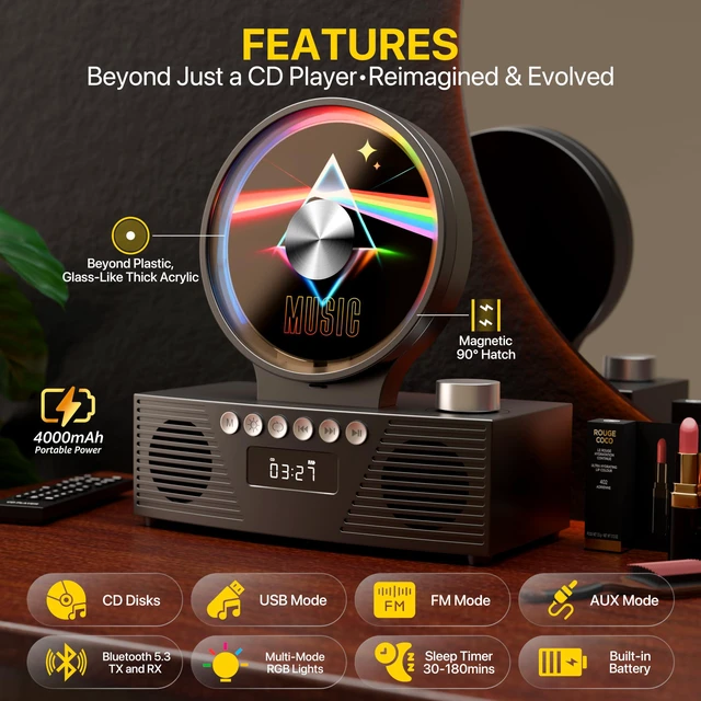Alt view image 2 of 7 - Portable CD Player with Bluetooth, Rechargeable & Hi-Fi Speakers Bluetooth TX & RX, 4000mAh rechargeable battery, retro kpop CD player, Hi-Fi stereo, sleep timer, USB/TF/AUX, 5 CD formats