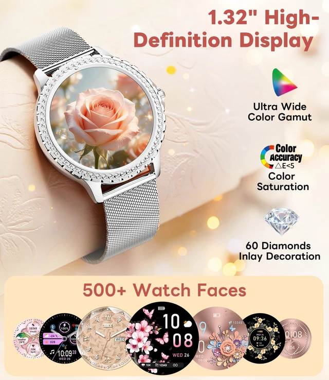 Alt view image 2 of 7 - Smart Watch for Women Diamond, Bluetooth Calls, 1.32-inch HD Screen Round Fitness Tracker with Menstrual Cycle/Sleep/Heart Rate Monitor, 100+ Sports Mode, Android/iOS Phone, Silver