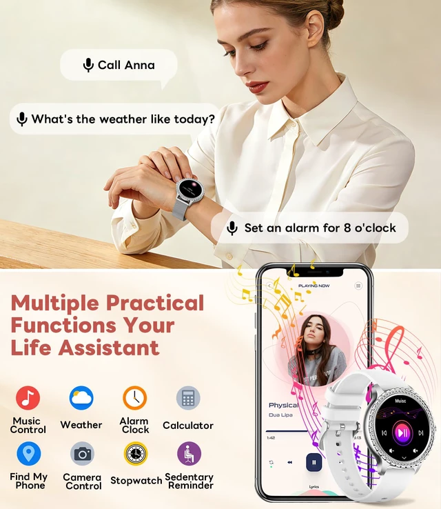 Alt view image 3 of 7 - Smart Watch for Women Diamond, Bluetooth Calls, 1.32-inch HD Screen Round Fitness Tracker with Menstrual Cycle/Sleep/Heart Rate Monitor, 100+ Sports Mode, Android/iOS Phone, Silver