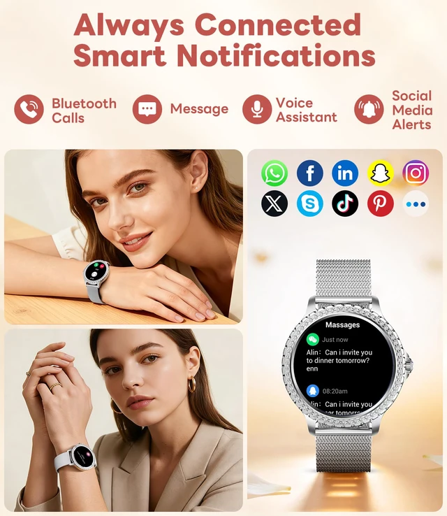 Alt view image 4 of 7 - Smart Watch for Women Diamond, Bluetooth Calls, 1.32-inch HD Screen Round Fitness Tracker with Menstrual Cycle/Sleep/Heart Rate Monitor, 100+ Sports Mode, Android/iOS Phone, Silver