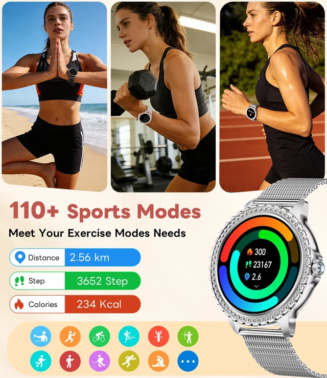 Alt view image 6 of 7 - Smart Watch for Women Diamond, Bluetooth Calls, 1.32-inch HD Screen Round Fitness Tracker with Menstrual Cycle/Sleep/Heart Rate Monitor, 100+ Sports Mode, Android/iOS Phone, Silver