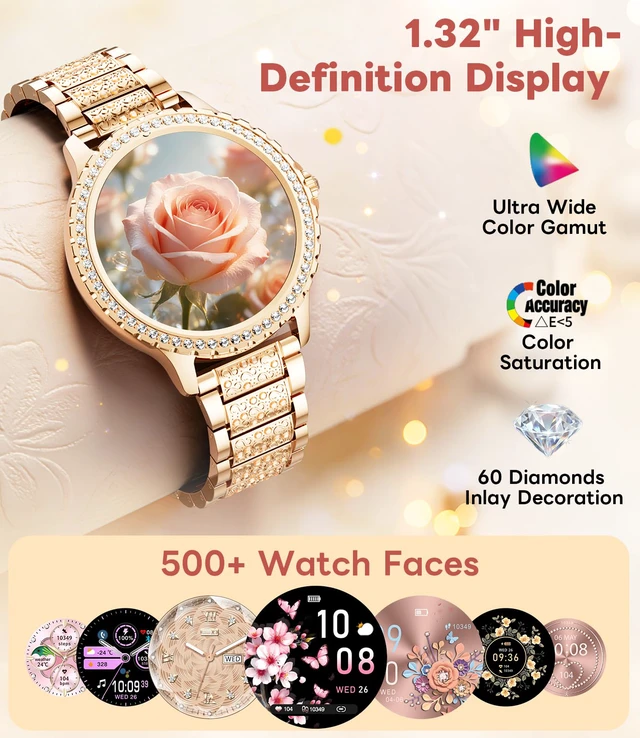 Alt view image 2 of 7 - Smart Watch for Women Diamond, Bluetooth Calls, 1.32-inch HD Screen Round Fitness Tracker with Menstrual Cycle/Sleep/Heart Rate Monitor, 100+ Sports Mode, Android/iOS Phone, Rose Pink