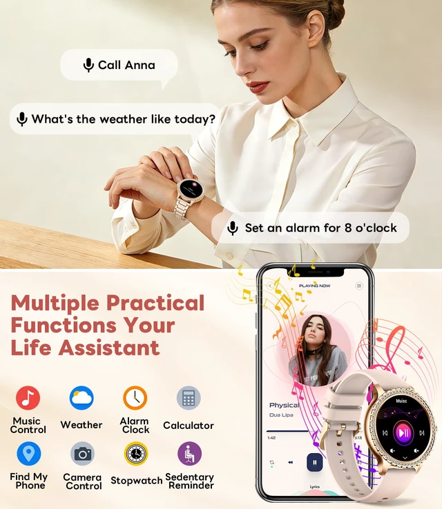 Alt view image 3 of 7 - Smart Watch for Women Diamond, Bluetooth Calls, 1.32-inch HD Screen Round Fitness Tracker with Menstrual Cycle/Sleep/Heart Rate Monitor, 100+ Sports Mode, Android/iOS Phone, Rose Pink