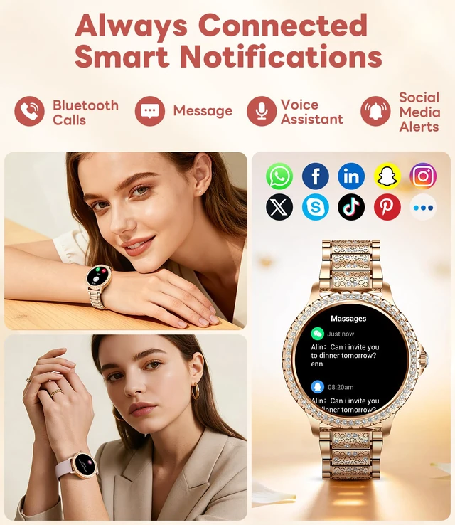 Alt view image 4 of 7 - Smart Watch for Women Diamond, Bluetooth Calls, 1.32-inch HD Screen Round Fitness Tracker with Menstrual Cycle/Sleep/Heart Rate Monitor, 100+ Sports Mode, Android/iOS Phone, Rose Pink