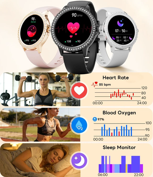 Alt view image 7 of 7 - Smart Watch for Women Diamond, Bluetooth Calls, 1.32-inch HD Screen Round Fitness Tracker with Menstrual Cycle/Sleep/Heart Rate Monitor, 100+ Sports Mode, Android/iOS Phone, Rose Pink
