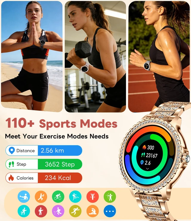 Alt view image 6 of 7 - Smart Watch for Women Diamond, Bluetooth Calls, 1.32-inch HD Screen Round Fitness Tracker with Menstrual Cycle/Sleep/Heart Rate Monitor, 100+ Sports Mode, Android/iOS Phone, Rose Pink