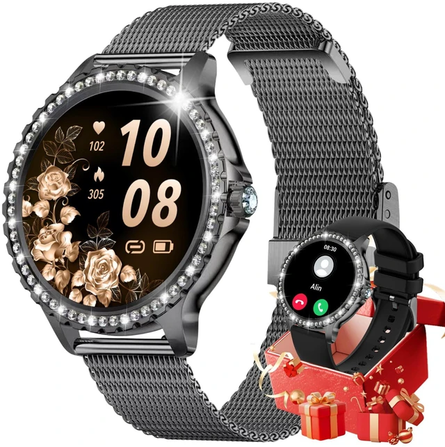 Main image of Smart Watch for Women Diamond, Bluetooth Calls, 1.32-inch HD Screen Round Fitness Tracker with Menstrual Cycle/Sleep/Heart Rate Monitor, 100+ Sports Mode, Android/iOS Phone, Black