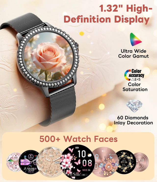 Alt view image 2 of 7 - Smart Watch for Women Diamond, Bluetooth Calls, 1.32-inch HD Screen Round Fitness Tracker with Menstrual Cycle/Sleep/Heart Rate Monitor, 100+ Sports Mode, Android/iOS Phone, Black
