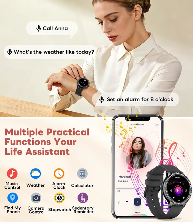 Alt view image 3 of 7 - Smart Watch for Women Diamond, Bluetooth Calls, 1.32-inch HD Screen Round Fitness Tracker with Menstrual Cycle/Sleep/Heart Rate Monitor, 100+ Sports Mode, Android/iOS Phone, Black